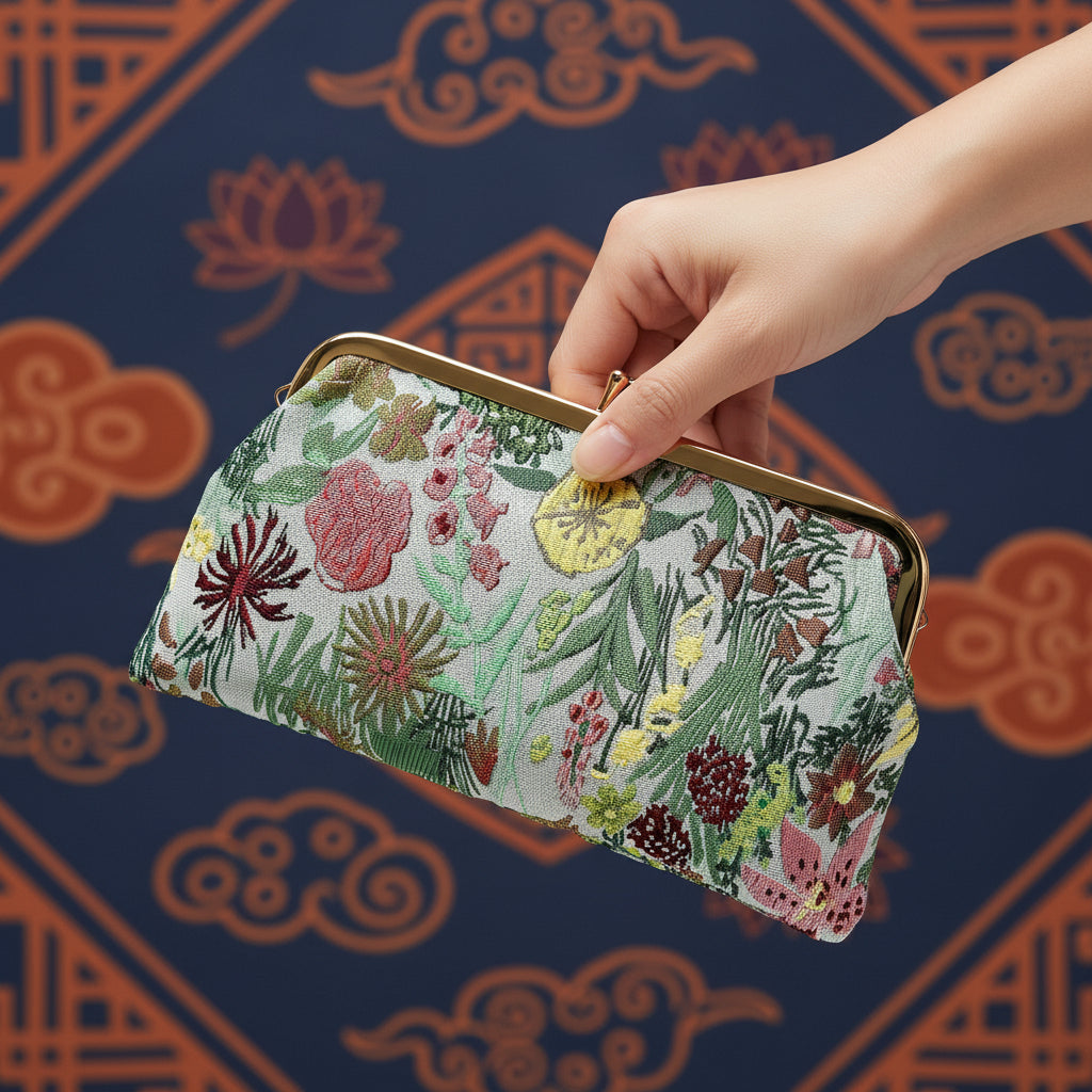 silk like figured cloth forest evening cluth purse bag