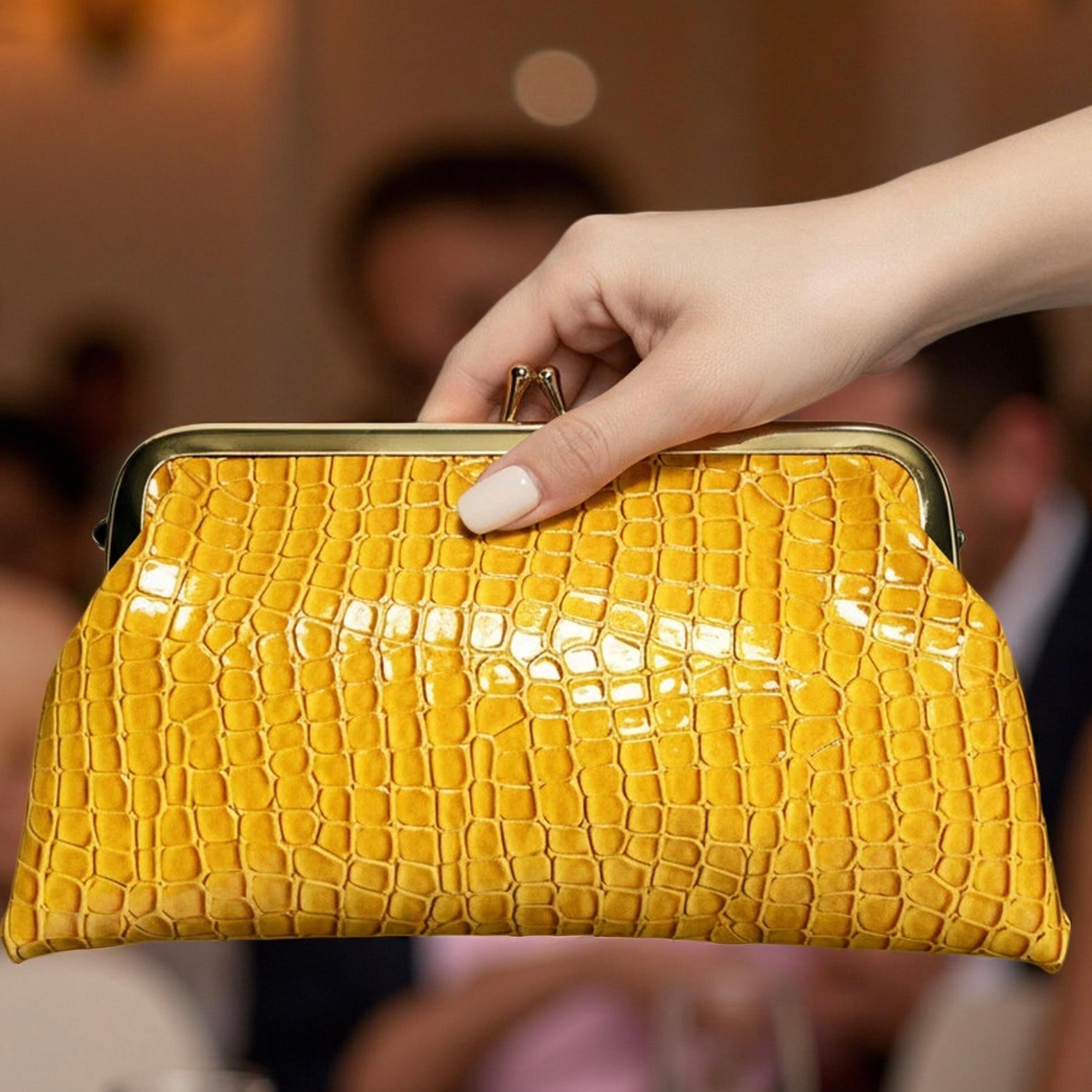 PU crocodile kiss lock purse clutch