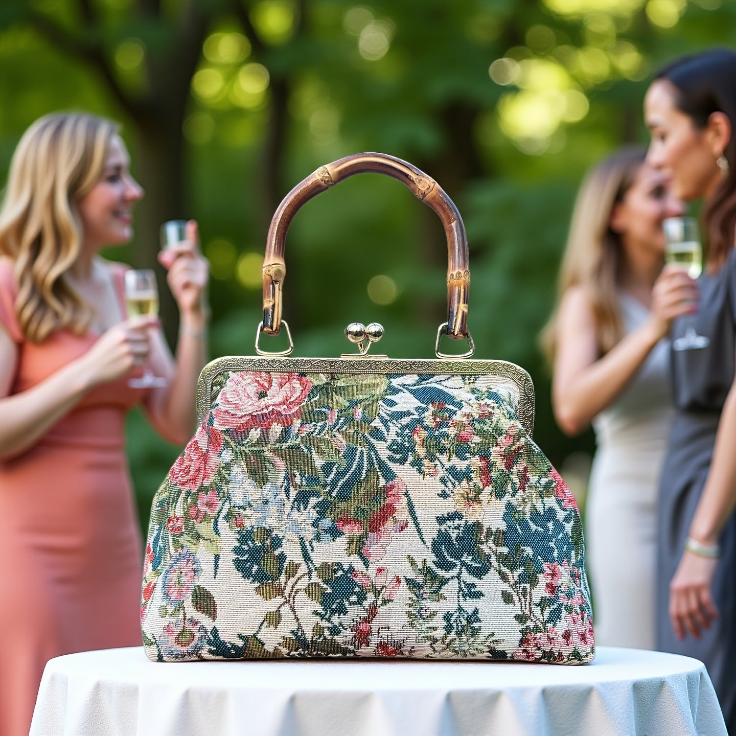 floral figured cloth kiss lock handbag bamboo handle