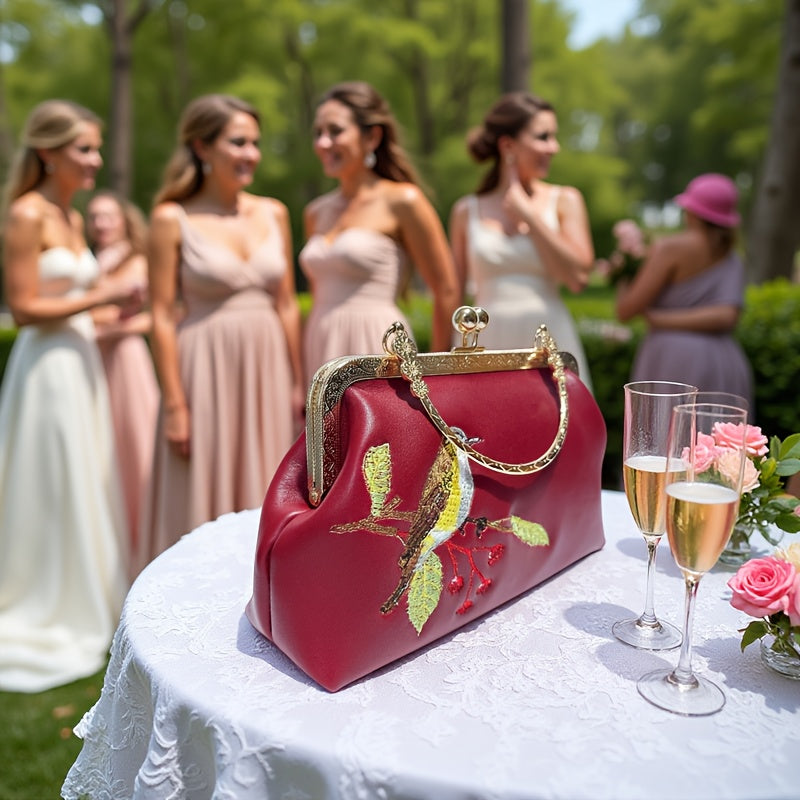 sheepskin Embroidered Bird kiss lock small handbag