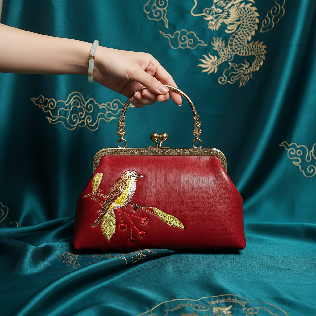 sheepskin Embroidered Bird kiss lock small handbag