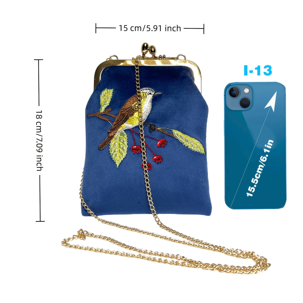 Velvet Embroidered Bird kiss lock phone bag