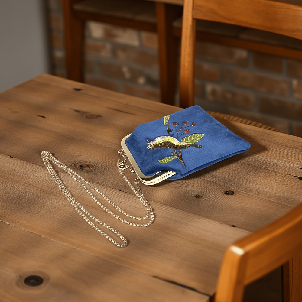 Velvet Embroidered Bird kiss lock phone bag