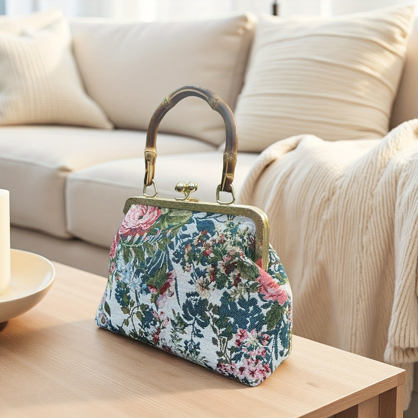 floral figured cloth kiss lock handbag bamboo handle