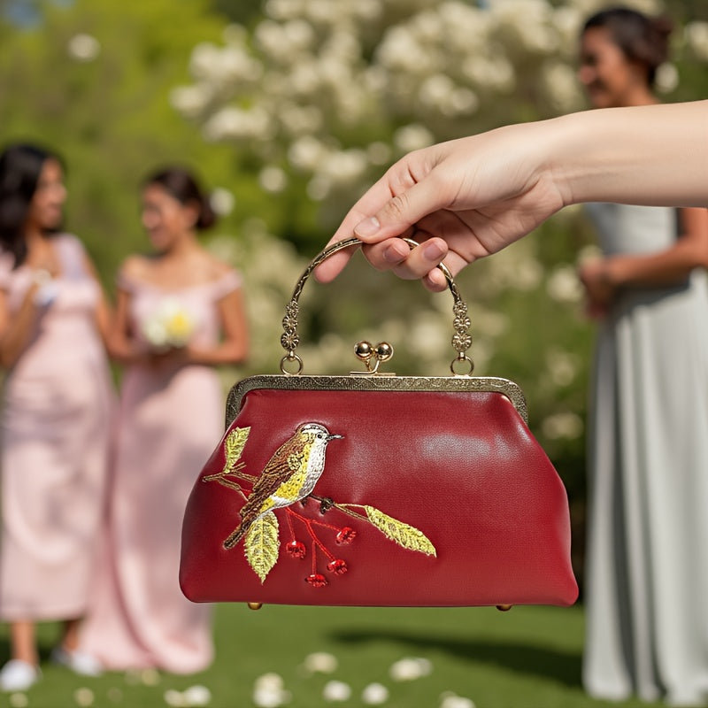 sheepskin Embroidered Bird kiss lock small handbag
