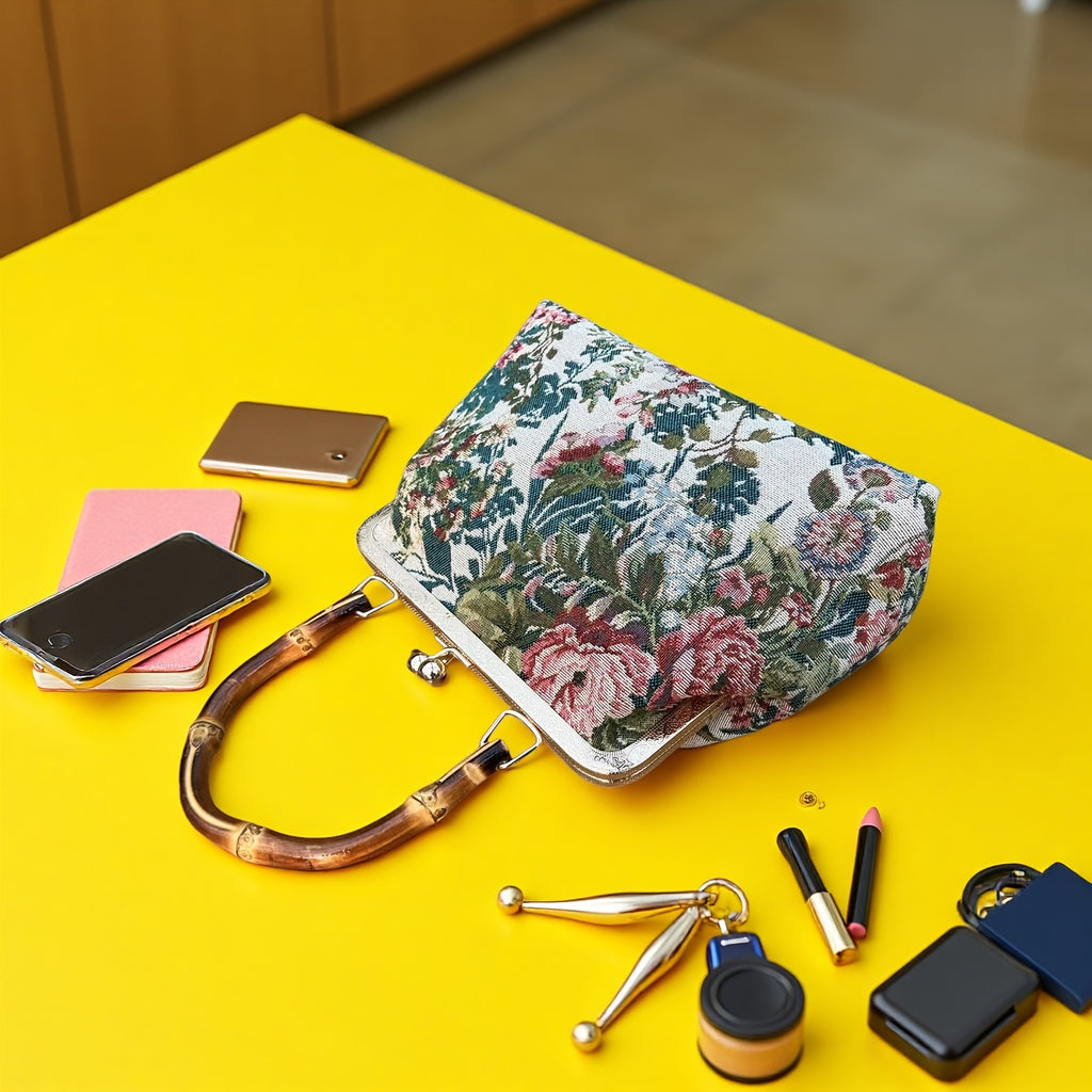 floral figured cloth kiss lock handbag bamboo handle