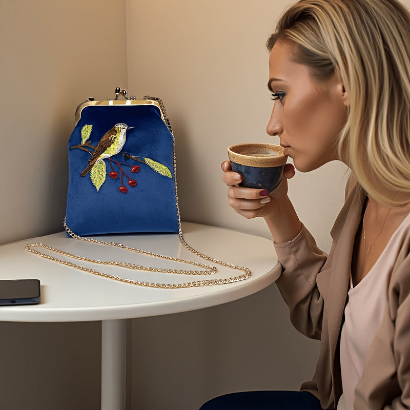 Velvet Embroidered Bird kiss lock phone bag