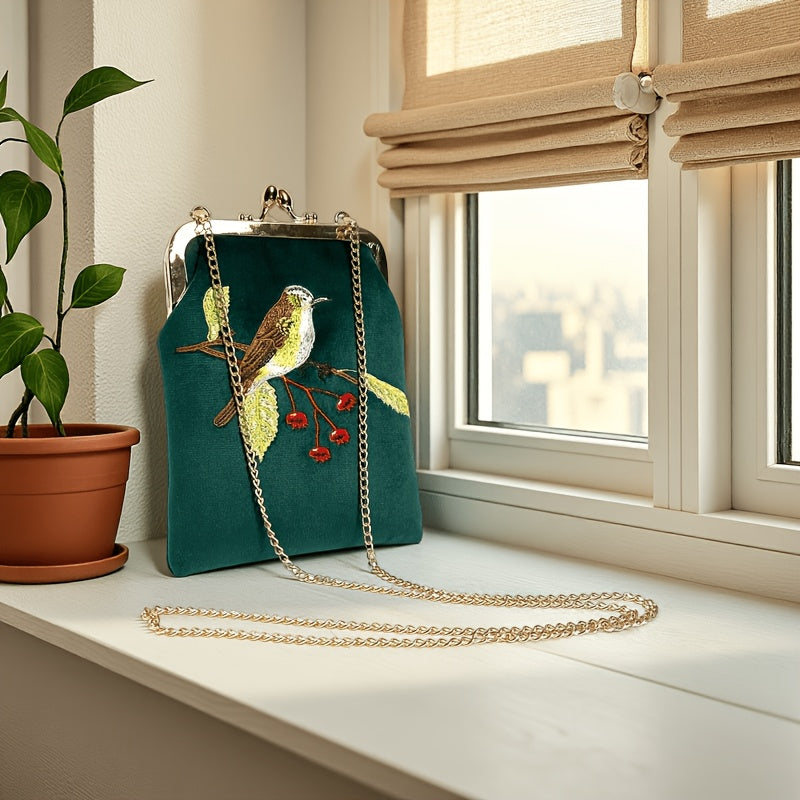 Velvet Embroidered Bird kiss lock phone bag