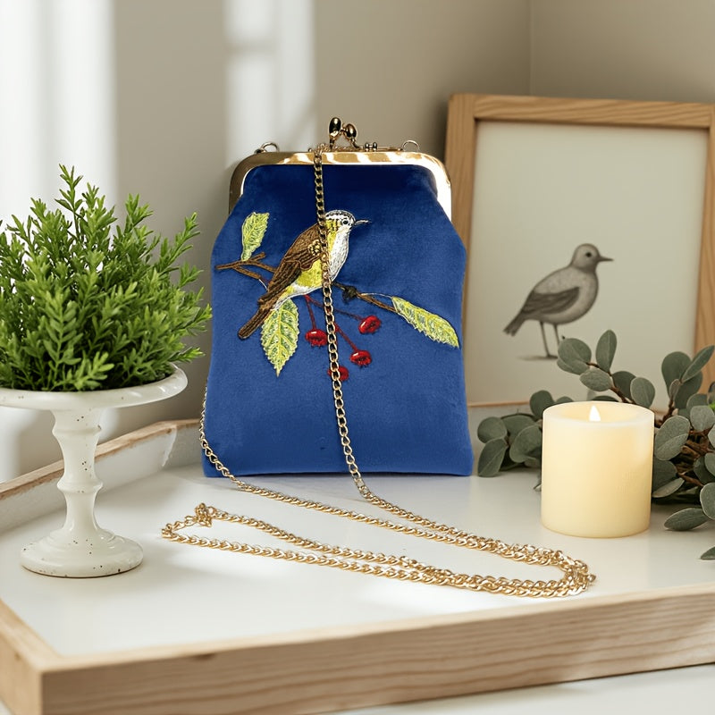 Velvet Embroidered Bird kiss lock phone bag