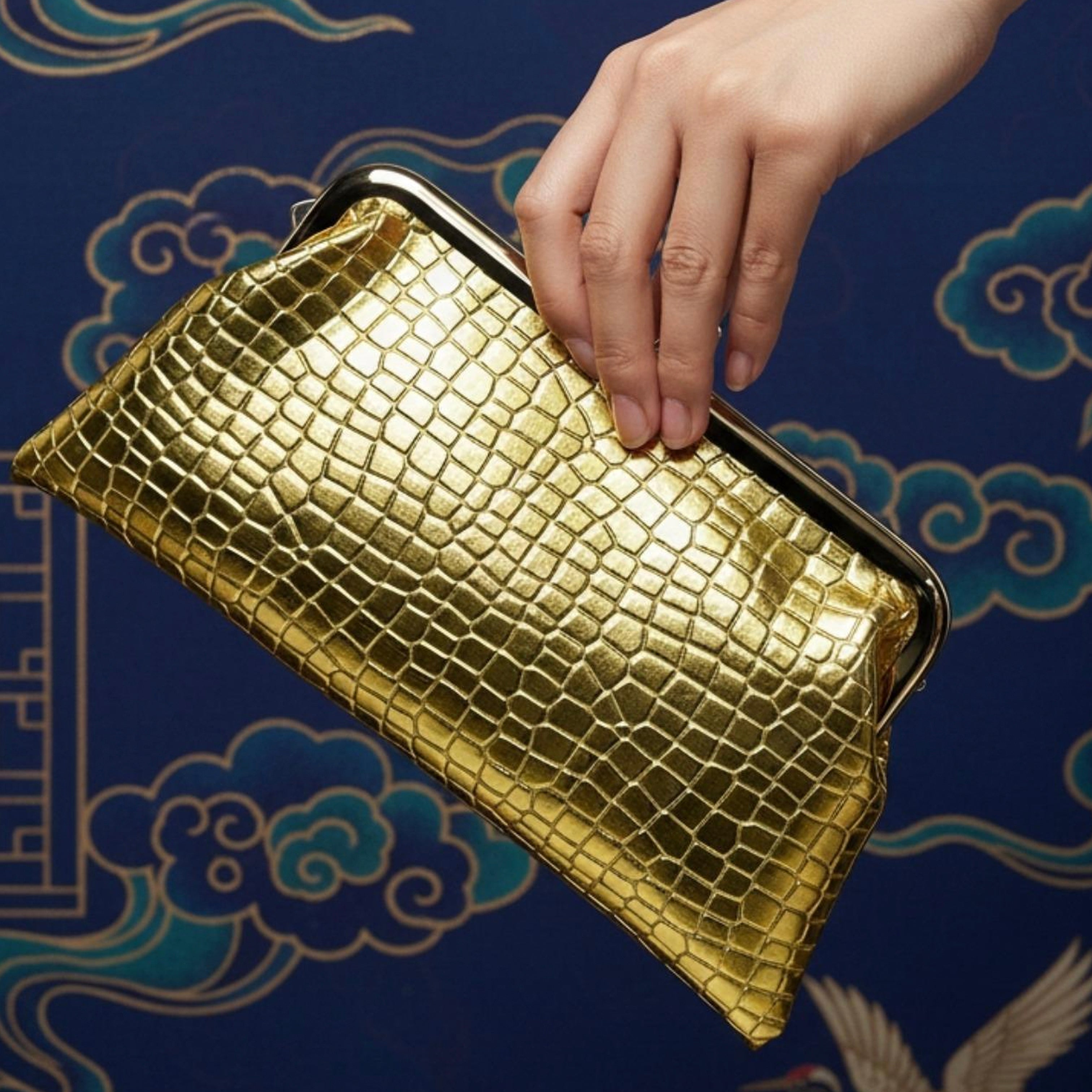 PU crocodile kiss lock purse clutch