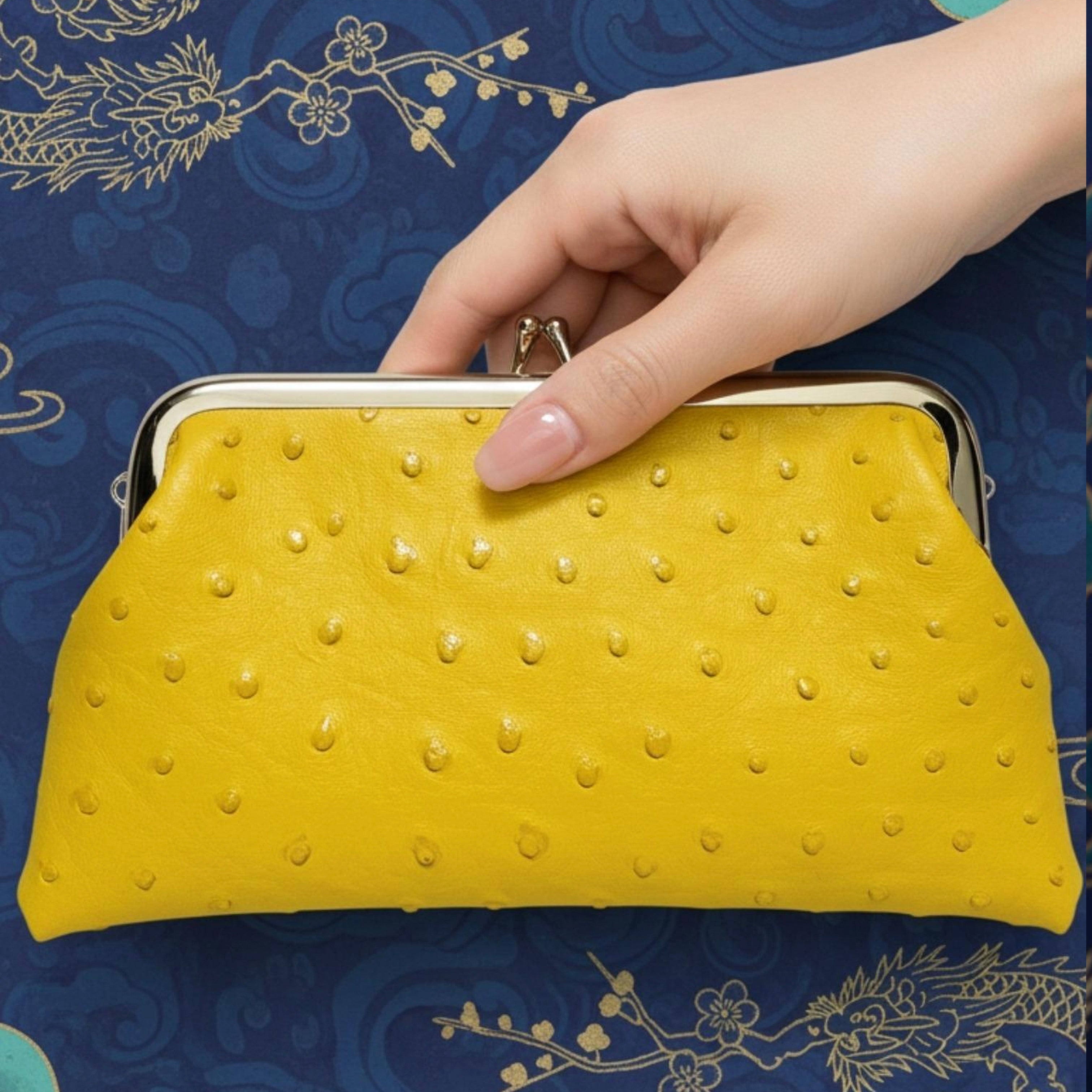 PU ostrich kiss lock purse clutch
