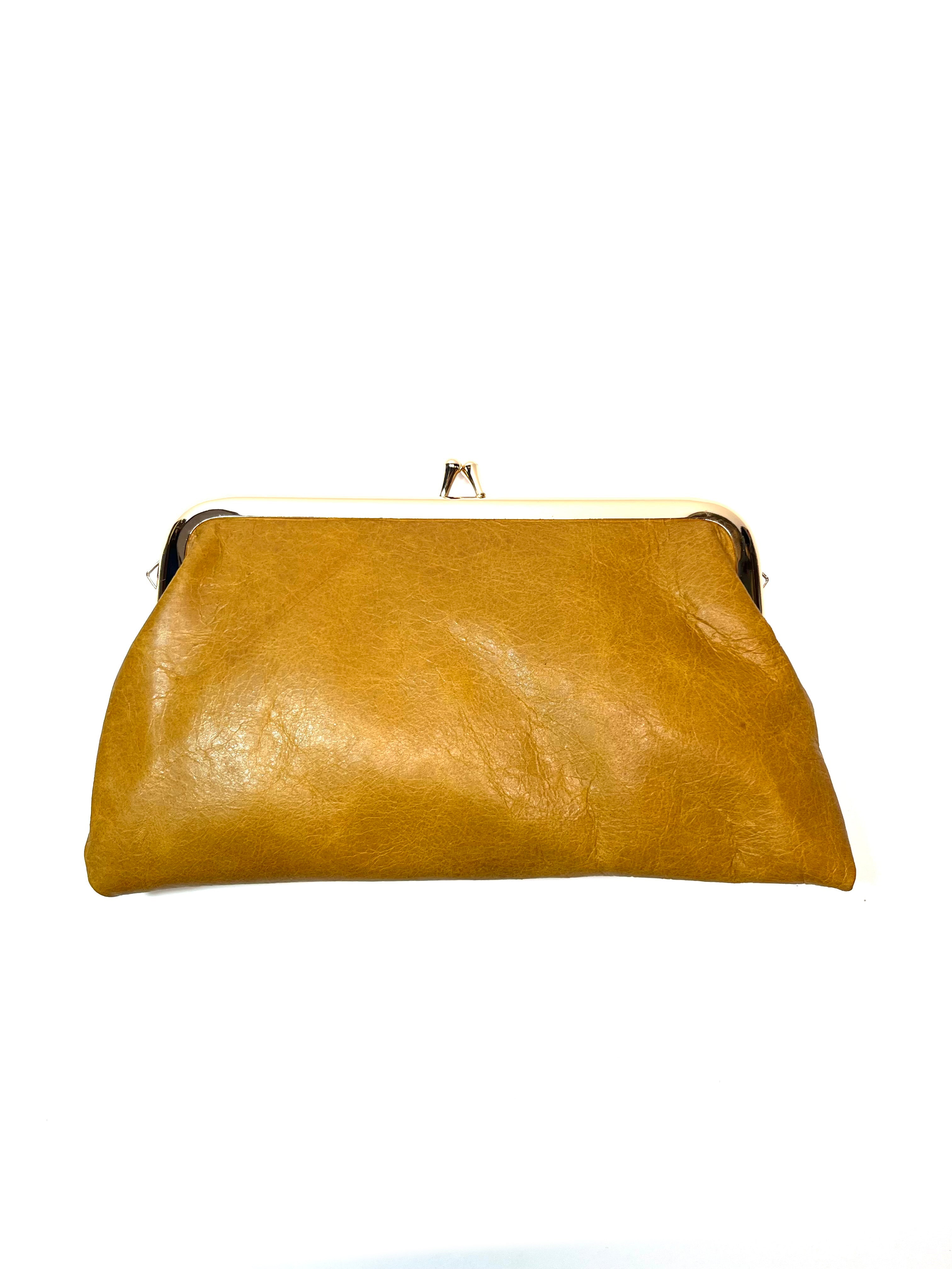 First leather cowhide  kiss lock purse clutch