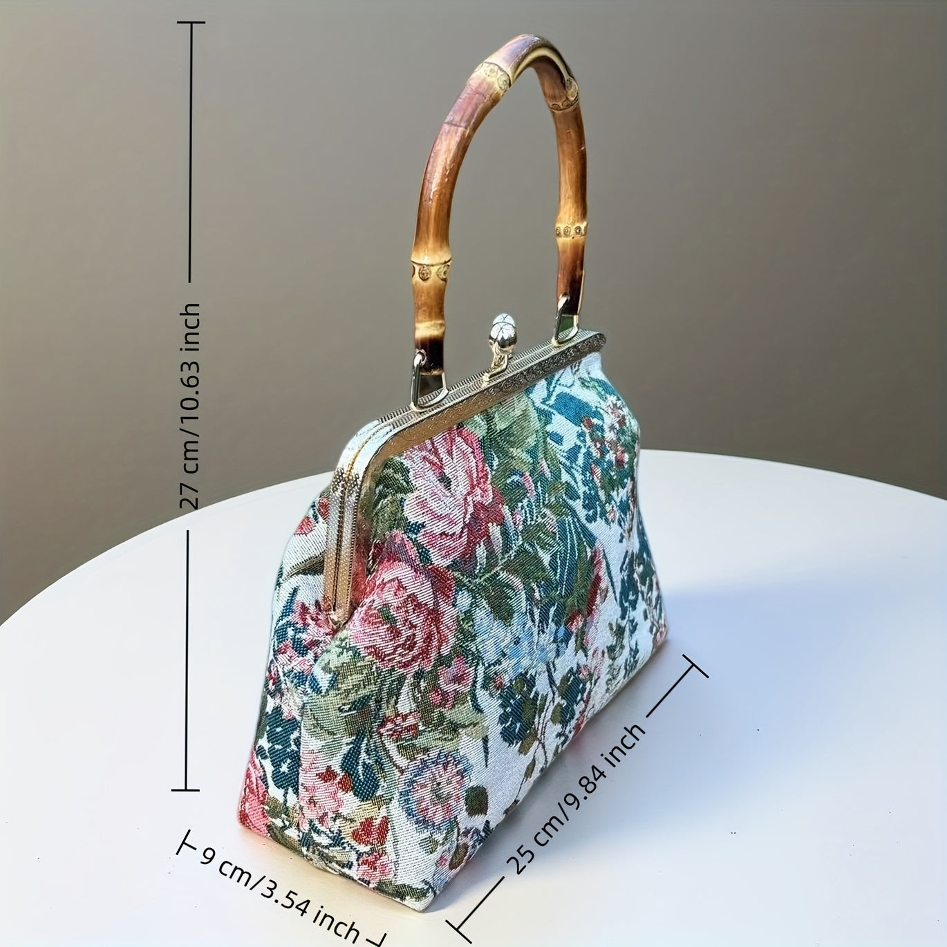 floral figured cloth kiss lock handbag bamboo handle