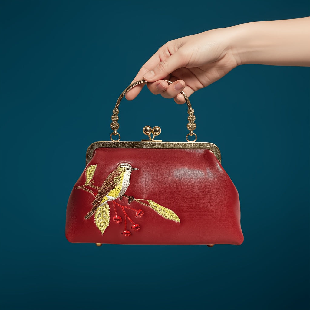 sheepskin Embroidered Bird kiss lock small handbag