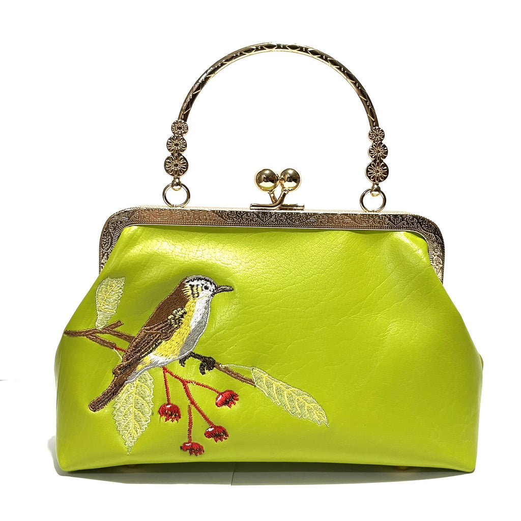 sheepskin Embroidered Bird kiss lock small handbag