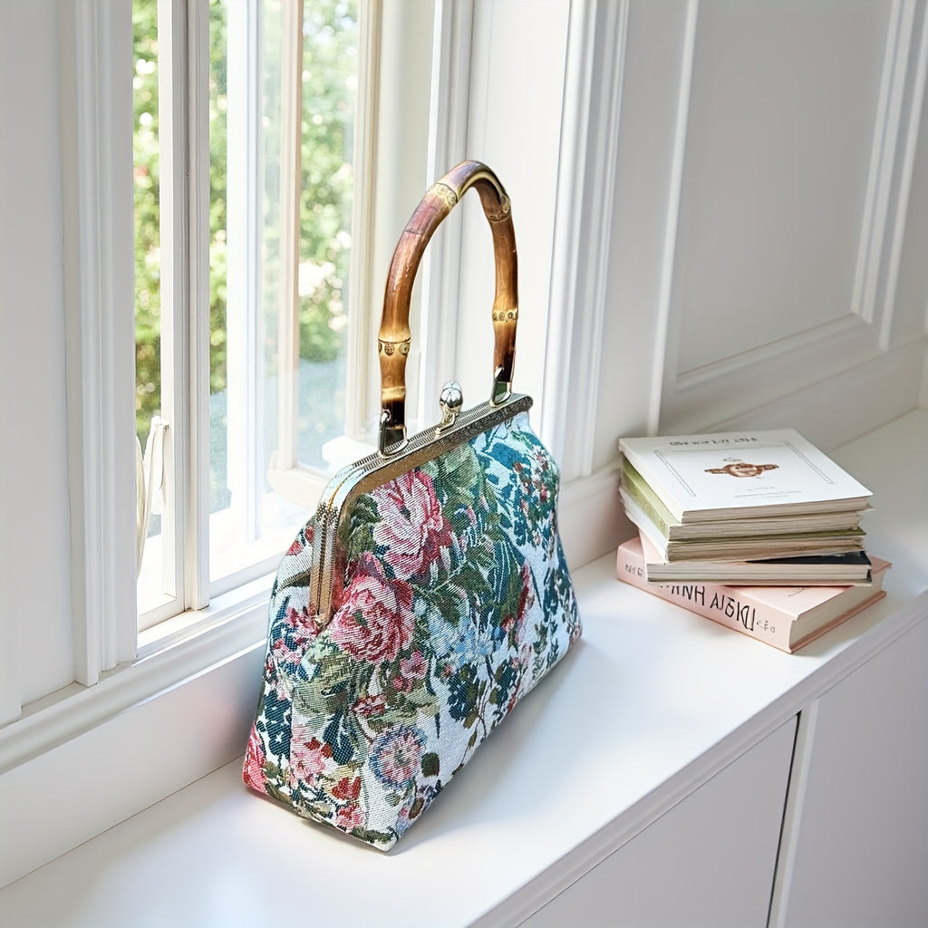 floral figured cloth kiss lock handbag bamboo handle