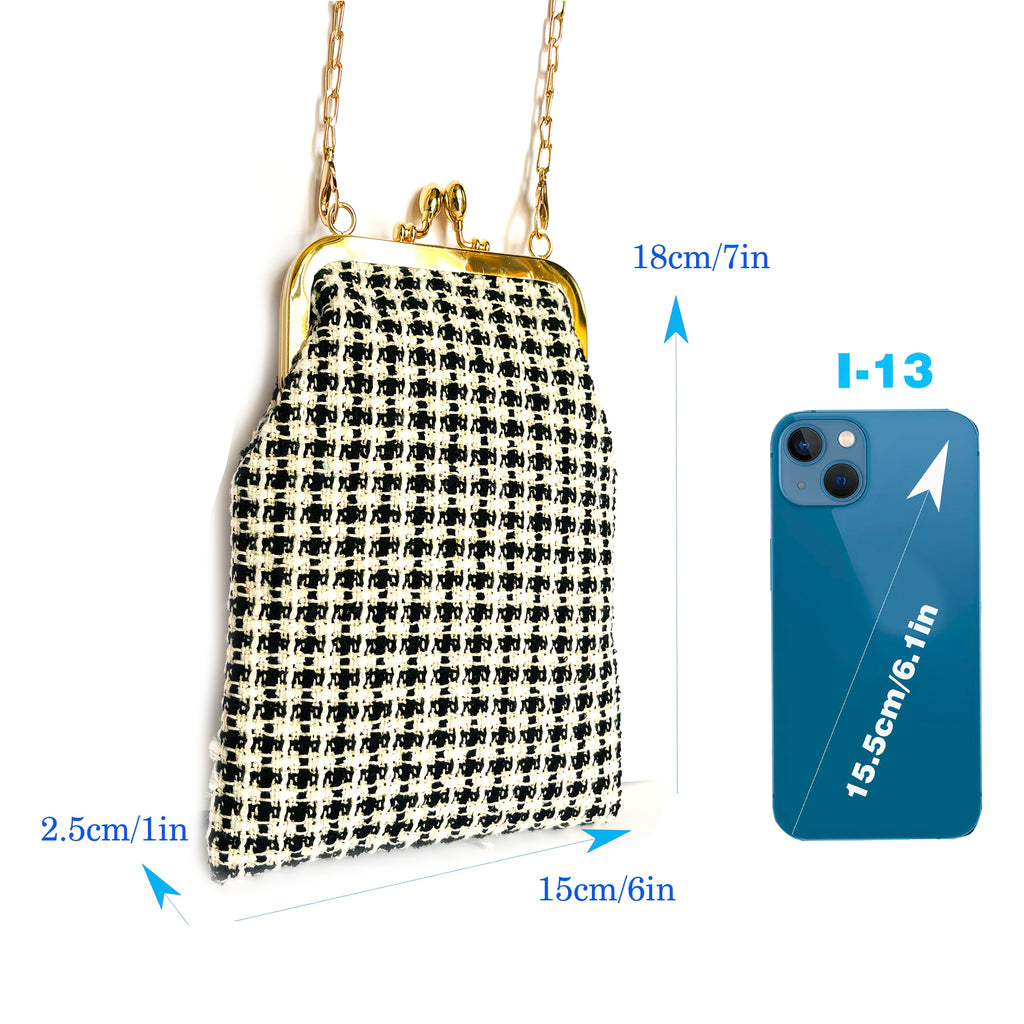 Blanc blanc plaid cloth kiss lock phone bag