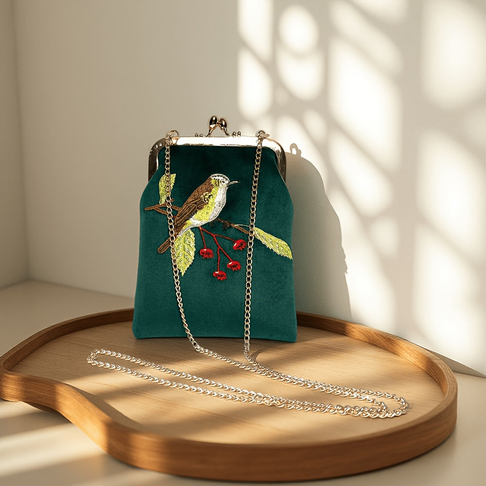Velvet Embroidered Bird kiss lock phone bag