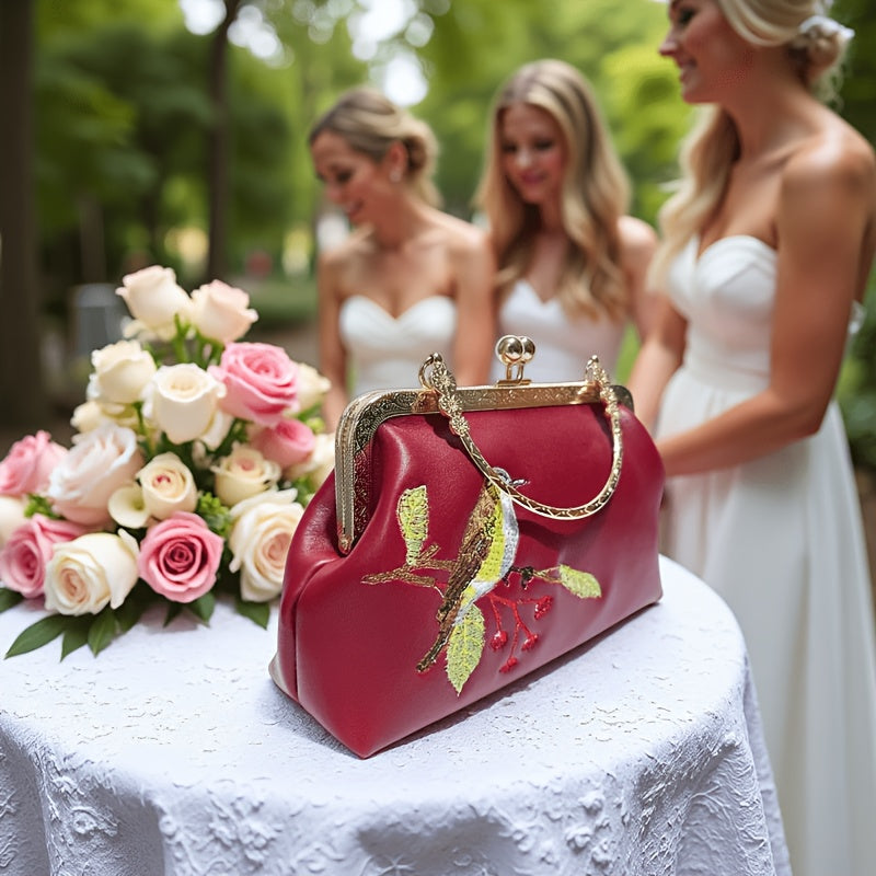 sheepskin Embroidered Bird kiss lock small handbag