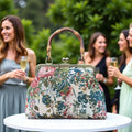 floral figured cloth kiss lock handbag bamboo handle