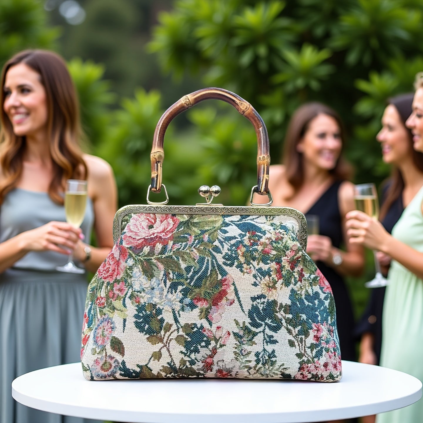 floral figured cloth kiss lock handbag bamboo handle